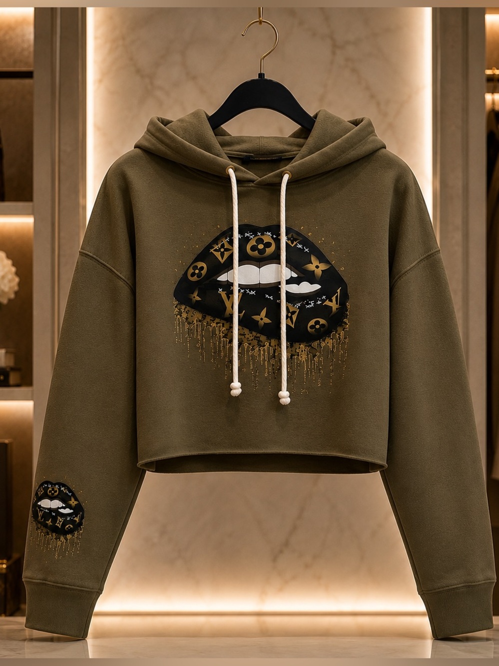 Olive Cropped Hoodie with Metallic Lip Graphic - Women's Sweatshirt